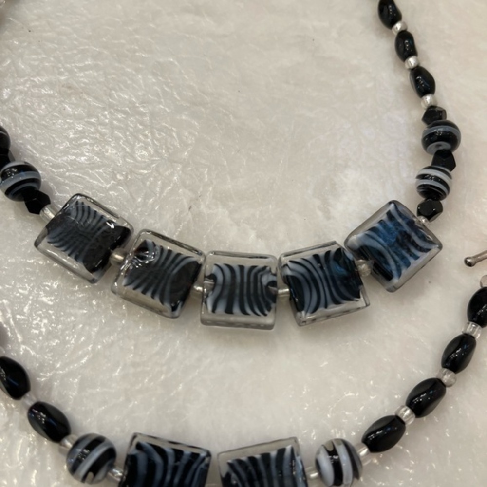 Hand Crafted Black & White & Silver Zebra Glass Necklace & Bracelet Set